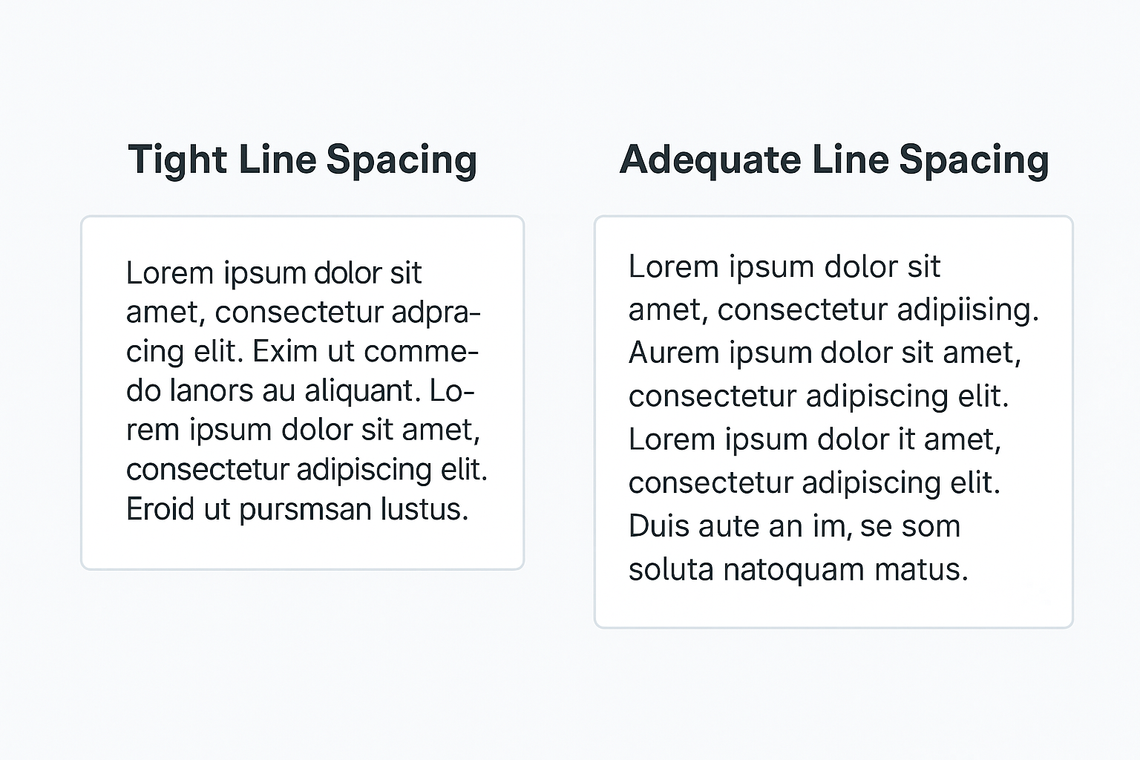 Side-by-side display of two paragraph blocks. The left block is labeled “Too Little Line Spacing” and appears densely packed. The right block is labeled “Adequate Line Spacing” and has more breathing room between lines, demonstrating better readability.