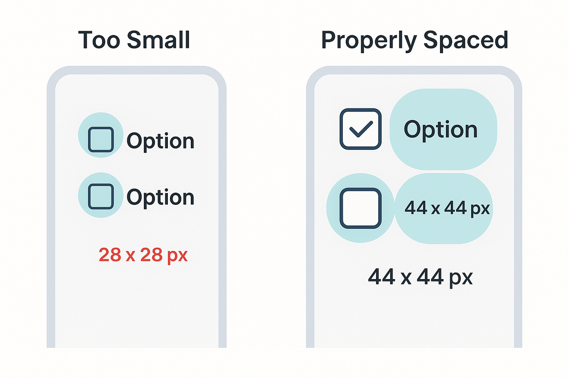 Side-by-side comparison of two smartphone screens. The left screen shows small, tightly spaced checkboxes with a touch radius overlay, labeled “Small checkboxes.” The right screen shows larger, properly spaced checkboxes with a 44x44 pixel touch area clearly marked, labeled “Properly spaced checkboxes.” This visual illustrates the importance of adequate tap target size for mobile accessibility.