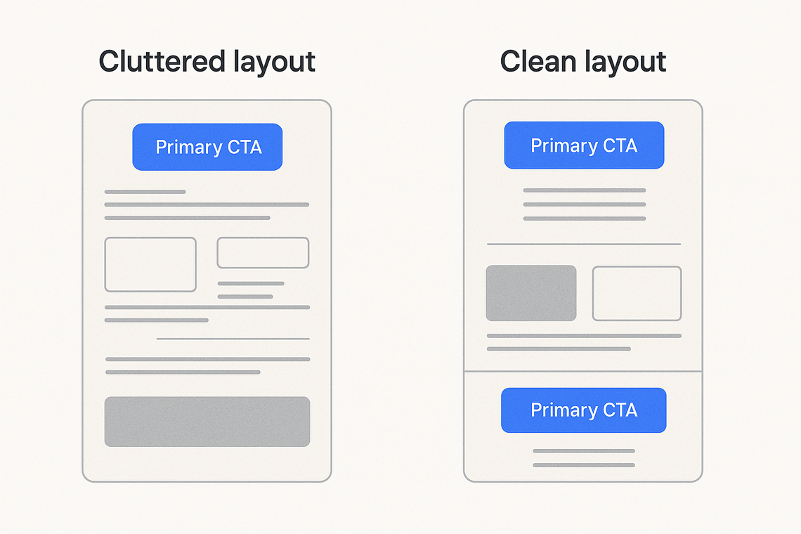Side-by-side comparison of two UI layouts. The left side is labeled “Cluttered” and shows misaligned buttons, uneven spacing, and inconsistent element placement. The right side is labeled “Clean” and presents a well-aligned, evenly spaced layout with a clear visual hierarchy. This illustrates how clean layouts support better user comprehension and accessibility.