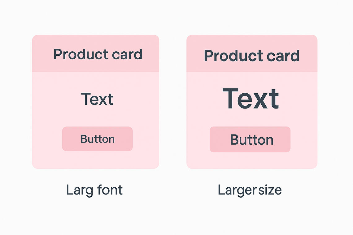 Side-by-side comparison of two pink "Product card" UI components. The left card shows moderately sized text and a button, labeled “Larg font.” The right card shows significantly larger text and button elements, labeled “Larger size.” This demonstrates how increasing font size improves readability without breaking the layout.