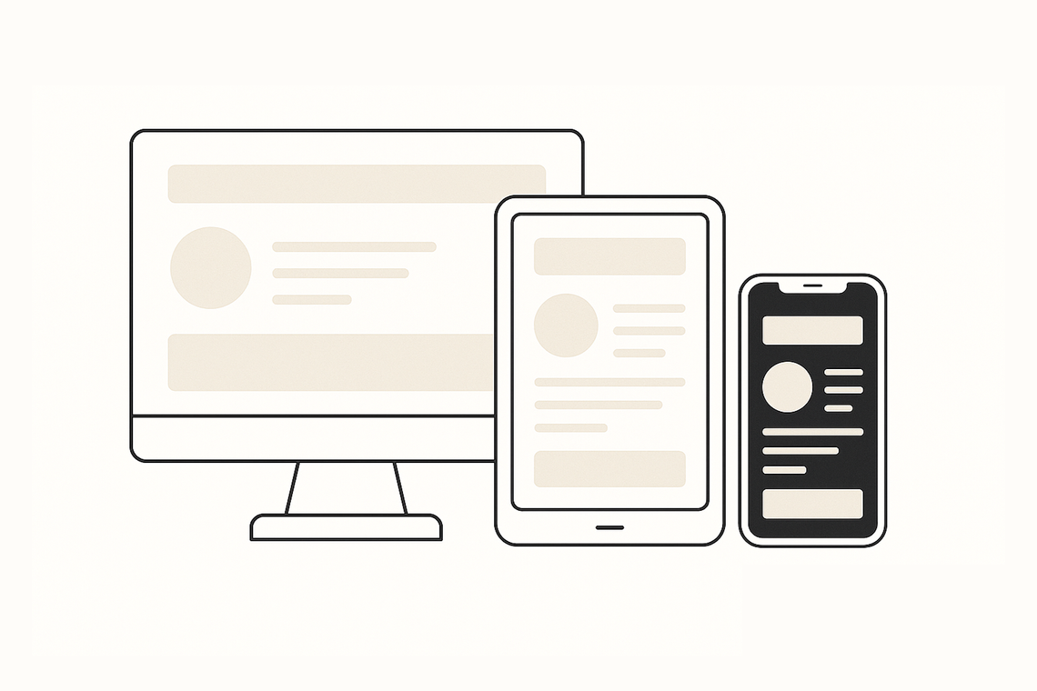 A horizontal illustration showing the same UI reflowing across three screen sizes. The left shows a desktop layout with a wide, multi-column format. The middle shows a tablet layout with stacked sections. The right shows a mobile view with content arranged vertically. This demonstrates how responsive design adapts gracefully to different screen widths.