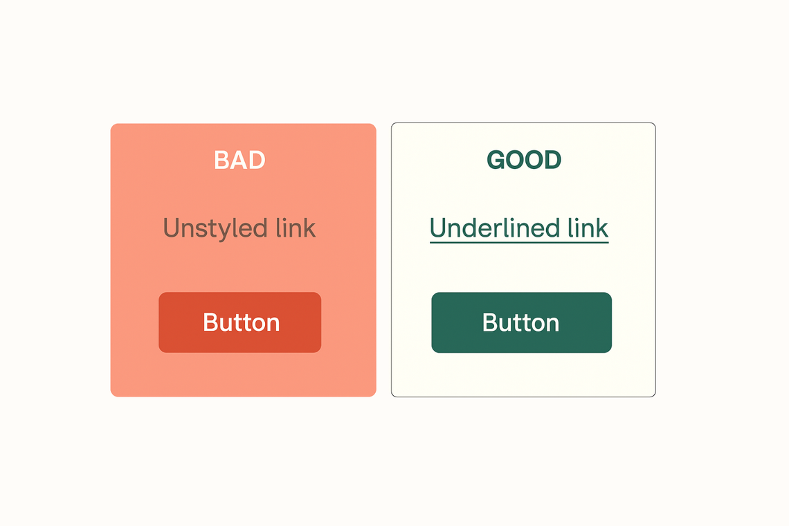 Side-by-side comparison of two UI panels. The left panel is labeled “BAD” and displays an unstyled link and a red-orange button with poor contrast. The right panel is labeled “GOOD” and features an underlined link and a dark green button with high contrast. This illustrates best practices for making links and buttons visually clear and accessible.