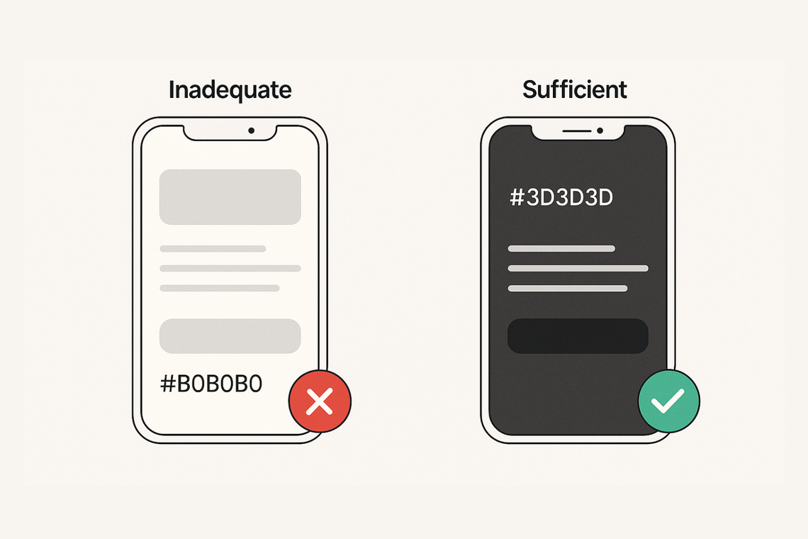 Side-by-side comparison of two smartphone mockups showing different text contrast. The left phone with light gray text on white background is labeled “Inadequate” with a red cross. The right phone with dark gray text on white background is labeled “Sufficient” with a green check. Hex codes #B0B0B0 and #3D3D3D are shown to indicate color values.