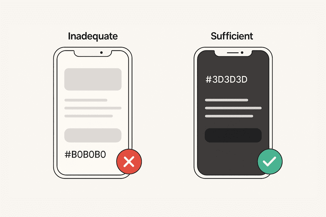 Two phone mockups comparing low (#B0B0B0) vs. high (#3D3D3D) text contrast with labels and icons.