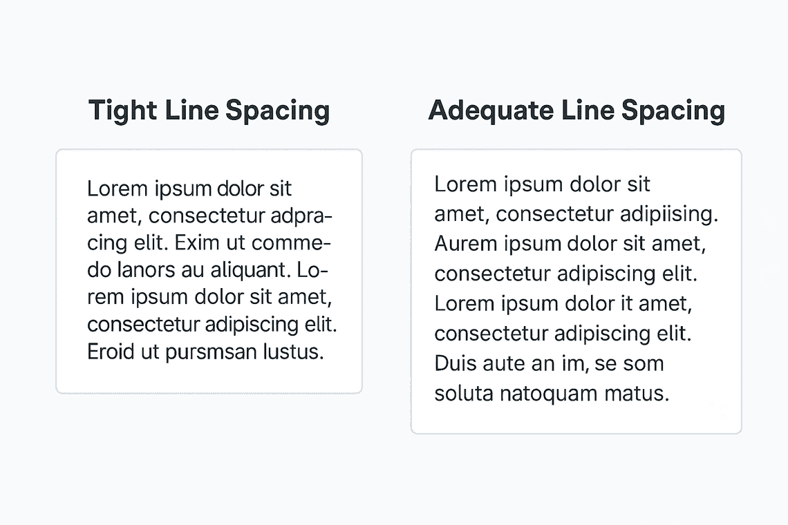 Two text blocks showing poor vs. adequate line spacing, labeled for readability comparison.