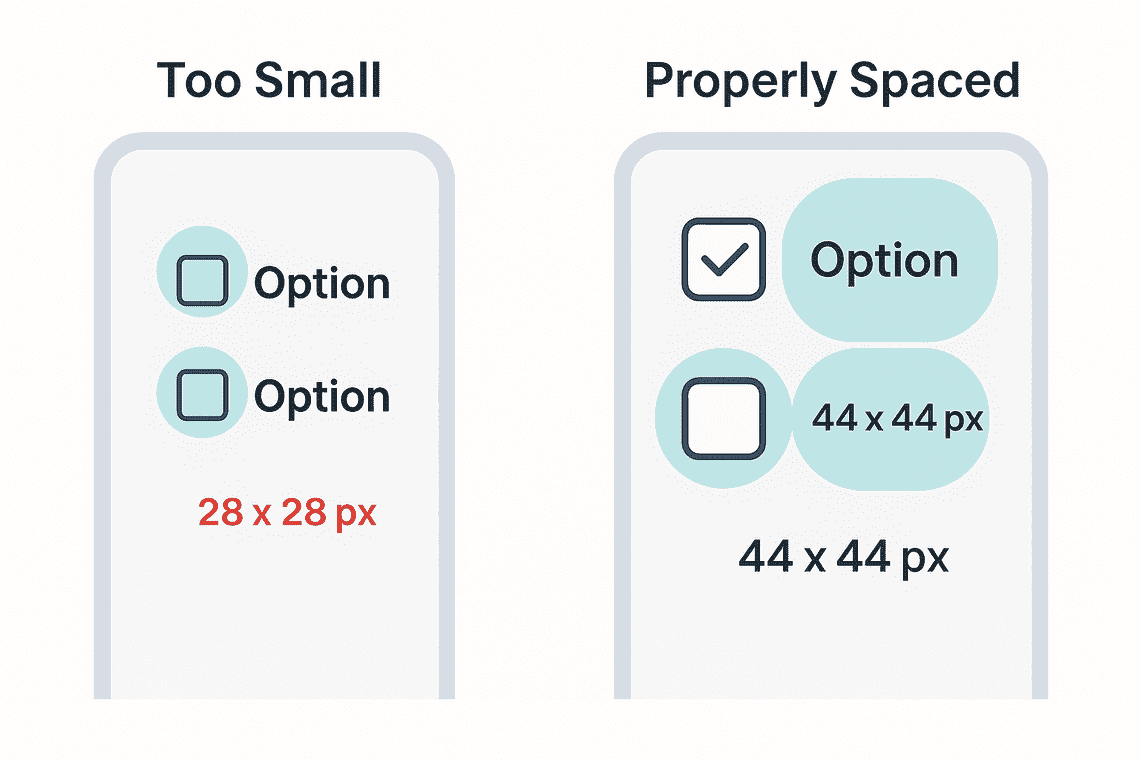 Two phone screens comparing small vs. properly spaced checkboxes for mobile tap target sizing.