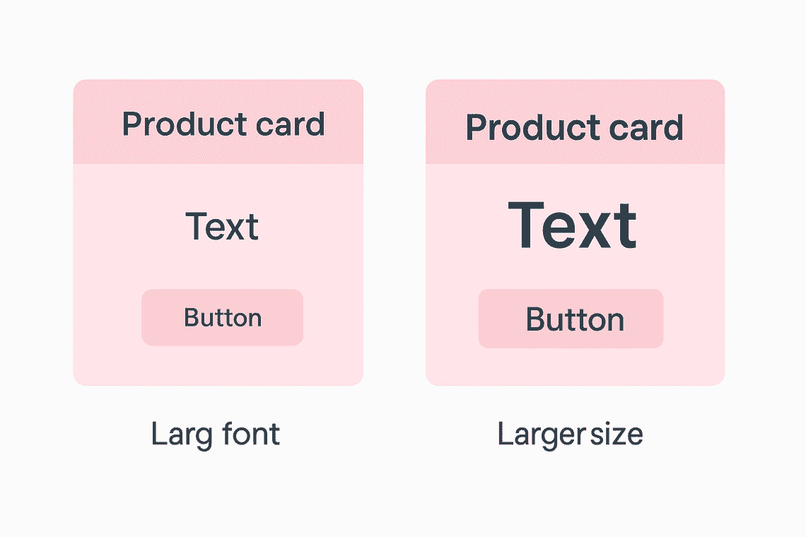 Two product cards comparing large vs. larger text and buttons to show improved readability.