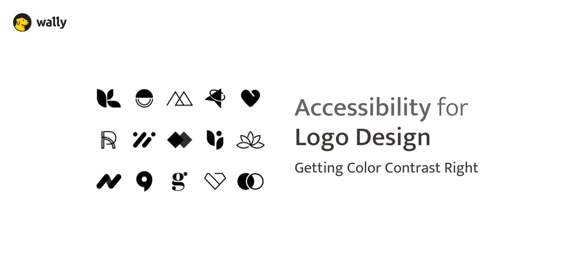 Image titled ‘Accessibility for Logo Design: Getting Color Contrast Right.’ It shows the Wally logo: a yellow circle with a black dog icon, next to the word ‘wally.’ Below are rows of minimalist black and white logo symbols, illustrating different logo design styles.